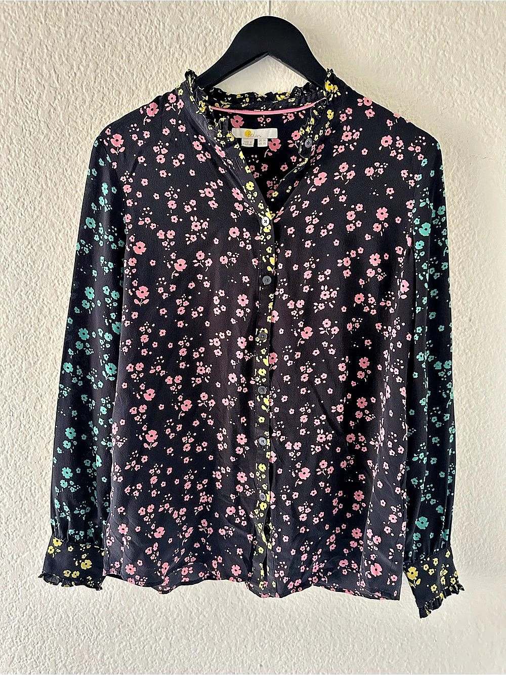 Boden Ruffle Neck Silk Blend Ditsy Floral Blouse